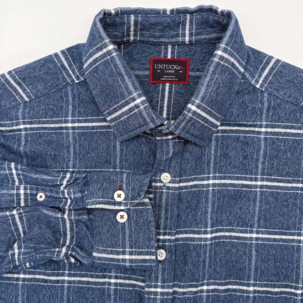 UNTUCKit Button Down Mens L Blue Brignole 30452 Windowpane Plaid Cotton Flannel